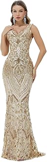 Women's Wedding Bridesmaid Gown Sequined Mermaid V Neck Sleeveless Evening Dress