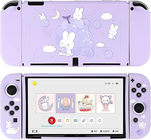 GeekShare Protective Case for Switch OLED Model, Soft TPU Slim Case Cover Compatible with Nintendo Switch OLED Console and Joy-Con (Grape Bunny)
