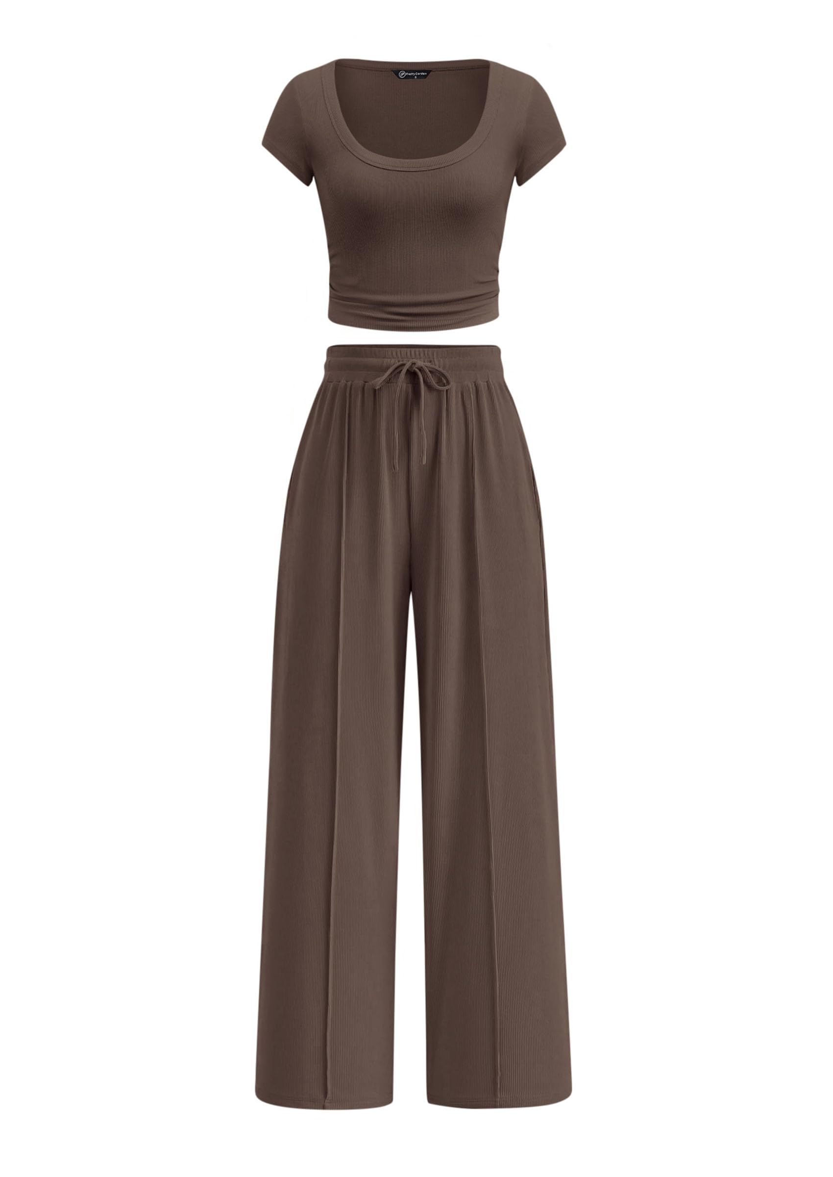 PRETTYGARDEN Womens 2 Piece Matching Lounge Sets Ribbed Short Sleeve Crop Tops Wide Leg Pants 2026 Summer Airport