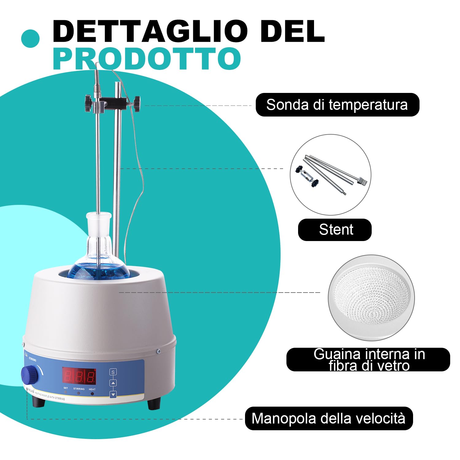JOANLAB Mantello Riscaldante Magnetico da 1000ml, Agitatore Magnetico da Laboratorio Termostato 350W, Display Digitale, Sonda Temperatura e Timer