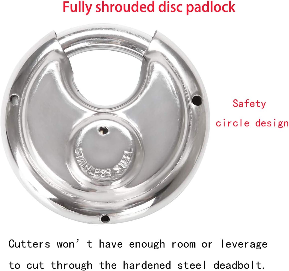 Stainless Steel Discus Keyed Padlock 2 Pack Heavy Duty Rustproof Disc Locks with Hardened Steel Shackle for Indoor Outdoor Security, Storage Unit, Trailers, Tool Box, Gate, Shed, Fence,Keyed Different