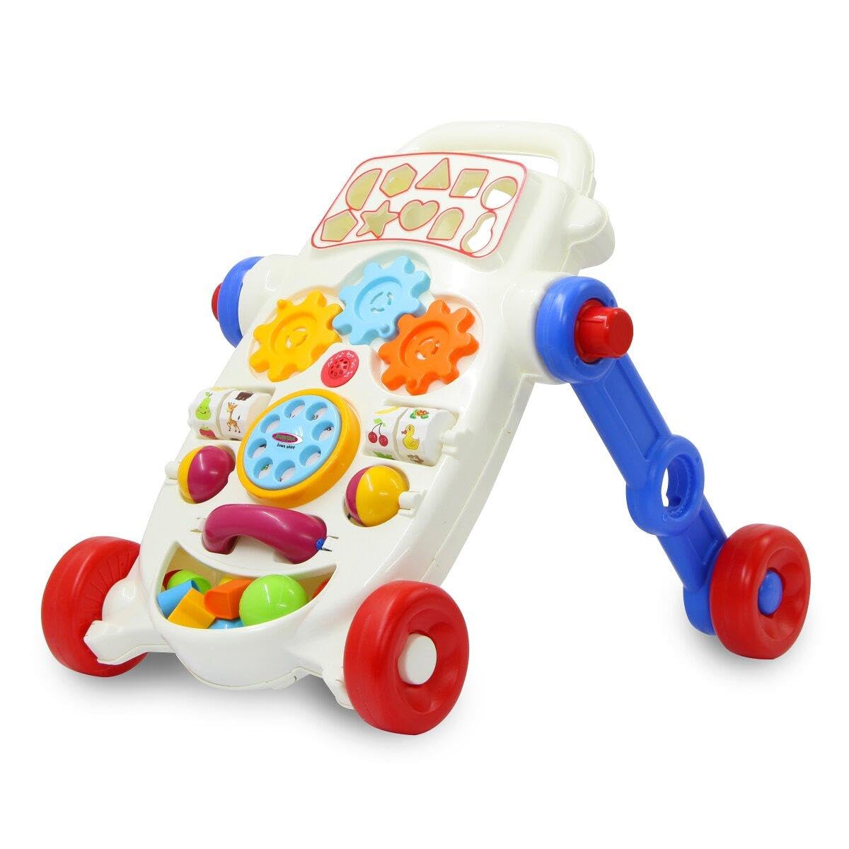 Jamara 460586 wózek do nauki chodzenia My First Walker wspiera umiejętności motoryczne precyzyjne, ergonomiczny design z uchwytem, w zestawie Sound Box, telefon i tarcza, kolorowy