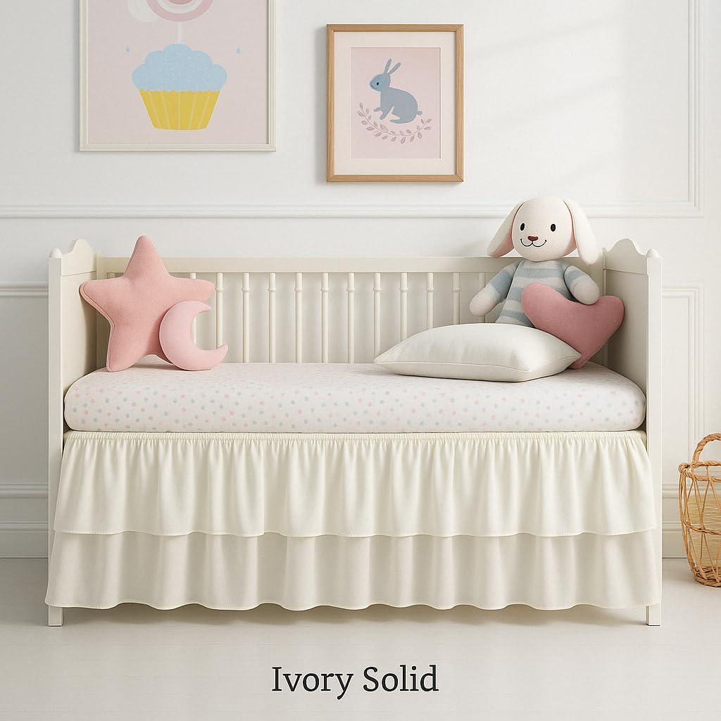 Mattress-Homes Crib Skirt Multi Ruffled Double Layer Nursery Toddler Bedding Skirt Dust Ruffle Split Corners (Ivory Solid - 28" x 52" 14" Drop)