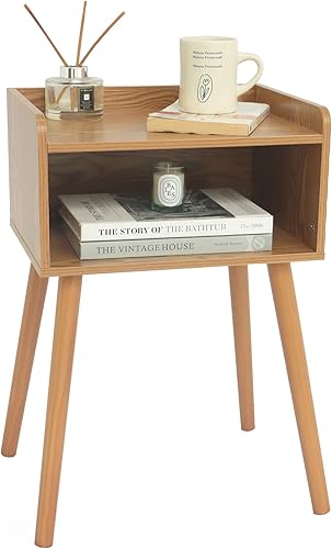 MaxSmeo Mesita de noche, mesa auxiliar moderna de mediados de siglo para dormitorio con almacenamiento, mesita de noche pequeña con patas de madera