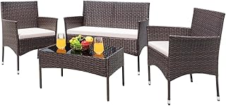 Sweet Furniture Patio Furniture Set of 4, Outdoor Rattan Chairs for Garden, Backyard, Porch, Poolside with Soft Cushion and Table Without Glass, Brown Beige