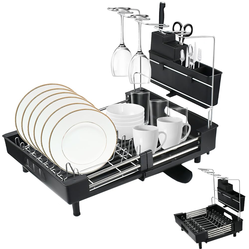 KYYGKY Escurridor de Platos, Escurreplatos Acero Inoxidable Extensible, Escurridor de Platos para Fregadero con Organizador de Utensilios y Portavasos, Escurridor de Platos con Drenaje para Cocina