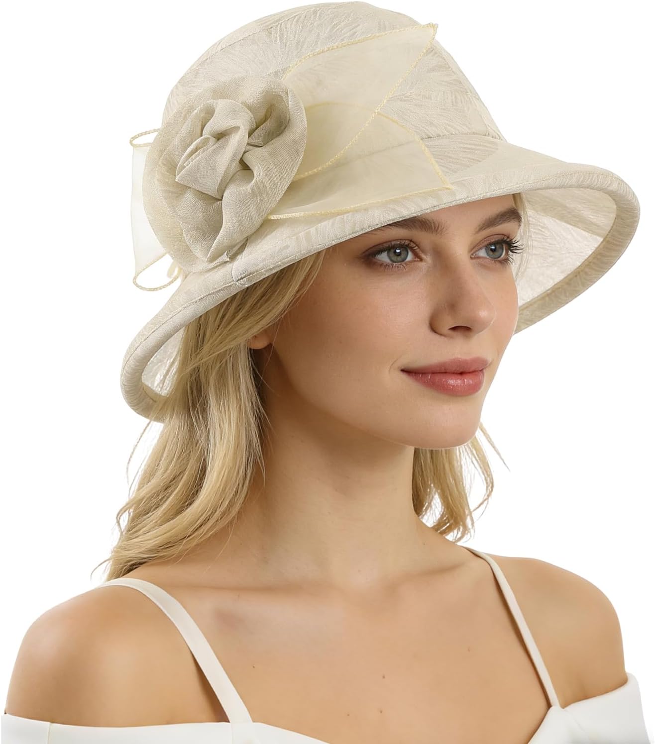 haozaikeji Women's Organza Cloche Bowler Hat Elegant Fascinator Church Hat Floral Bucket Hats Summer Sun Cap for Wedding Prom