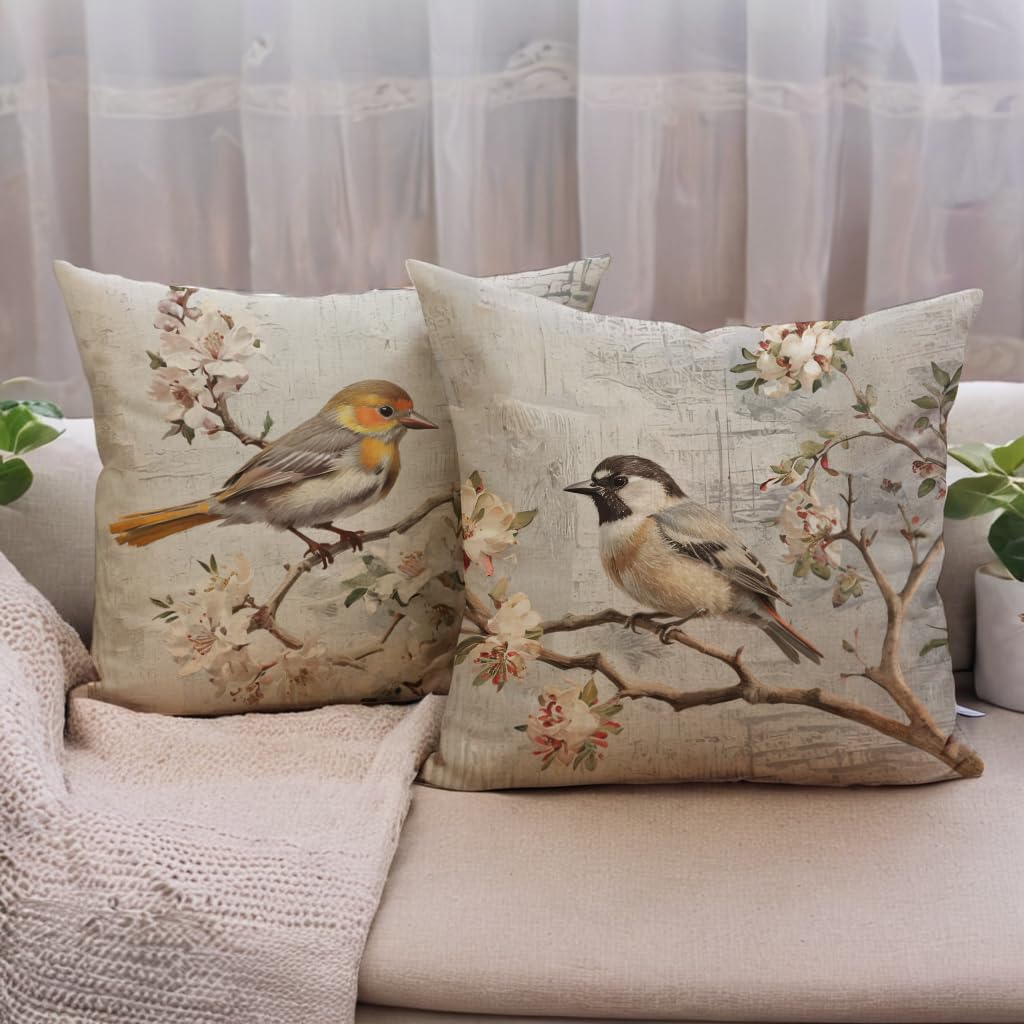 7COLORROOM Set of 2 Watercolor Birds Pillow Covers Spring Flower & Hummingbird Cushion Covers White and Grey Painting Birds Home Decorative Pillowcases 18x18 inch for Patio Furniture Bed (White/Grey) 4