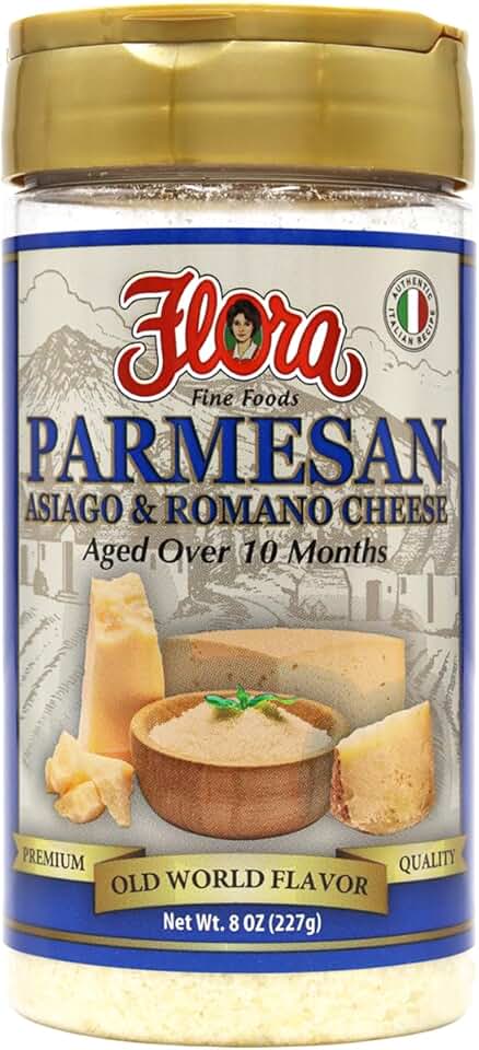 Flora 3 Cheese Shaker | Parmesan, Asiago & Romano (8oz Shaker - 227g) | 100% Grated | Imported Italian | Aged Over 10 Months | Italian Quality