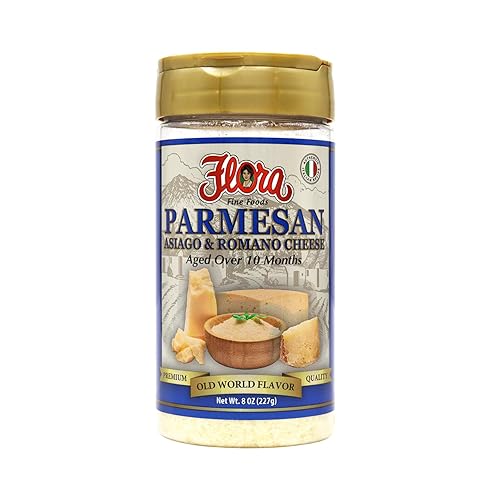 Flora 3 Quesos Shaker  Parmesano, Asiago y Romano (8oz Shaker - 8.01 oz)  100% rallado  Italiano importado  Envejecido más de 10 meses  Calidad