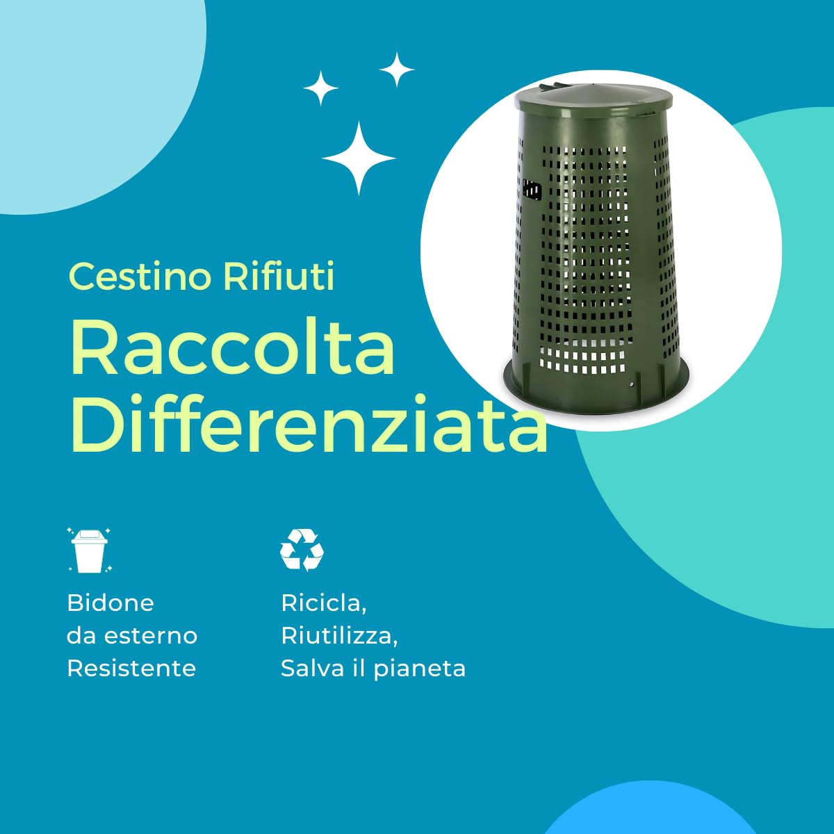 Tomaino - Bidone Spazzatura Esterno 110 lt con Coperchio - Trespolo Porta Rifiuti con Reggi Sacco per Raccolta Differenziata (Verde senza pedale)