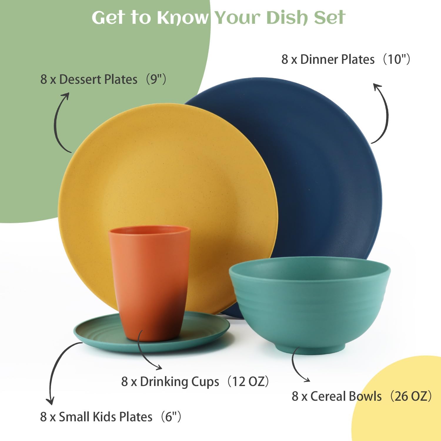 40-Piece Unbreakable Plastic Wheat Straw Dinnerware Set - Multi Color, 8-Person Dish Set for Dinner, Plates, Bowls, Cups & Appetizer Plates - Perfect for Outdoor Camping