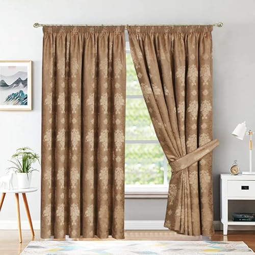 Best Linen Curtains for Living Room Readymade Fully Lined Pencil Pleat Jacquard Virginia Curtains Modern Pair Panels for Bedroom with Tiebacks (Coffee, W 90" x L 54")