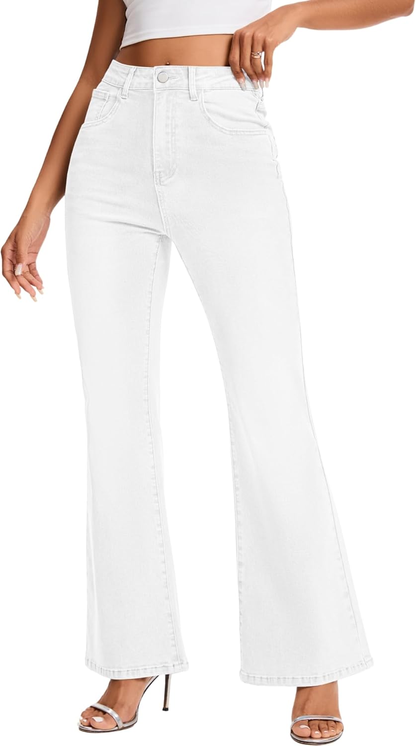High Waist Flare Jeans for Women Stretchy Vintage Washed Bell Bottom Slim Bootcut Jeans(White,XXL)
