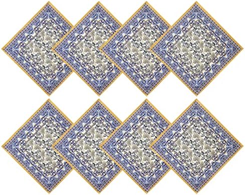 Home Bargains Plus Provence Allure Arabesque Yellow and Blue Floral Bordered Country French Fabric Tablecloth Collection, Indoor Outdoor, Stain and Water Resistant, Set of 8 Napkins