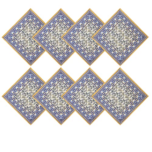Home Bargains Plus Provence Allure Arabesque Yellow and Blue Floral Bordered Country French Fabric Tablecloth Collection, Indoor Outdoor, Stain and Water Resistant, Set of 8 Napkins