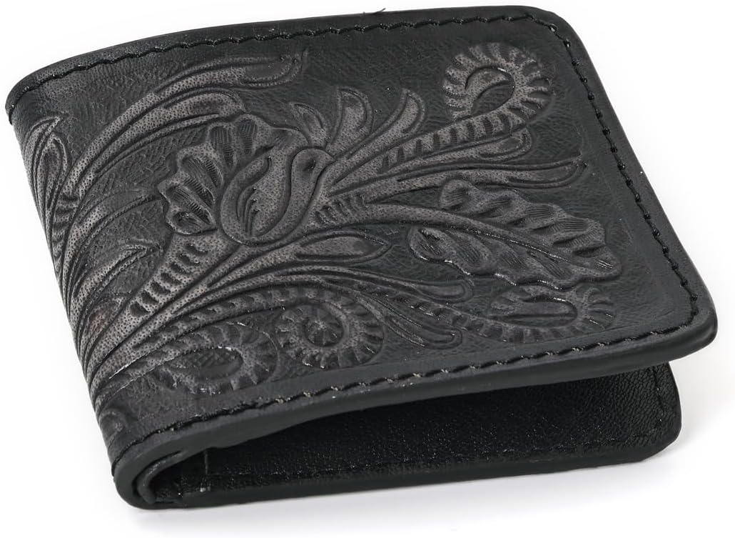 Illy Genuine Full Grain Leather Handtooled Hipster Wallet Floral Bi-Fold, Credit Card