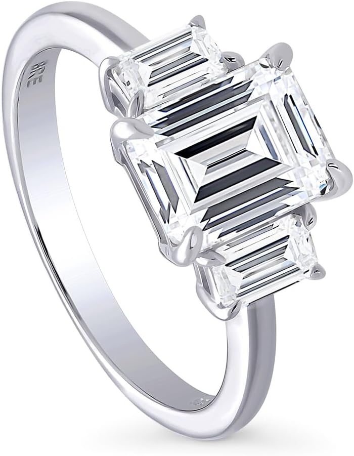 BERRICLE Sterling Silver 3-Stone Promise Wedding Engagement Rings for Her, 2.1 Carat Step Emerald Cut Cubic Zirconia CZ Ring