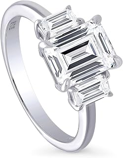 Sterling Silver 3-Stone Promise Wedding Engagement Rings for Her, 2.1 Carat Step Emerald Cut Cubic Zirconia CZ Ring