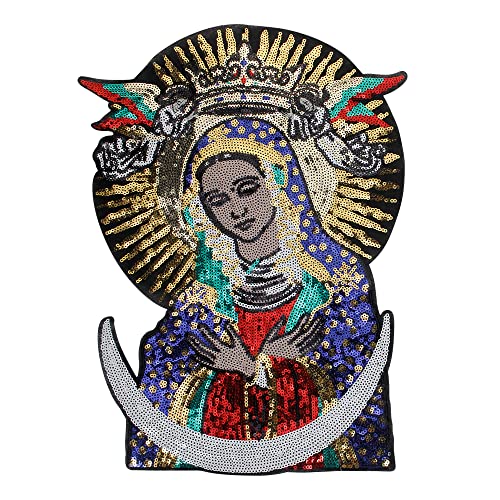 Large Sequins Blessed Virgin Mary Goddess Embroidery Patches for Clothing DIY Stripes Applique Motorcycle Jacket sew on Badge