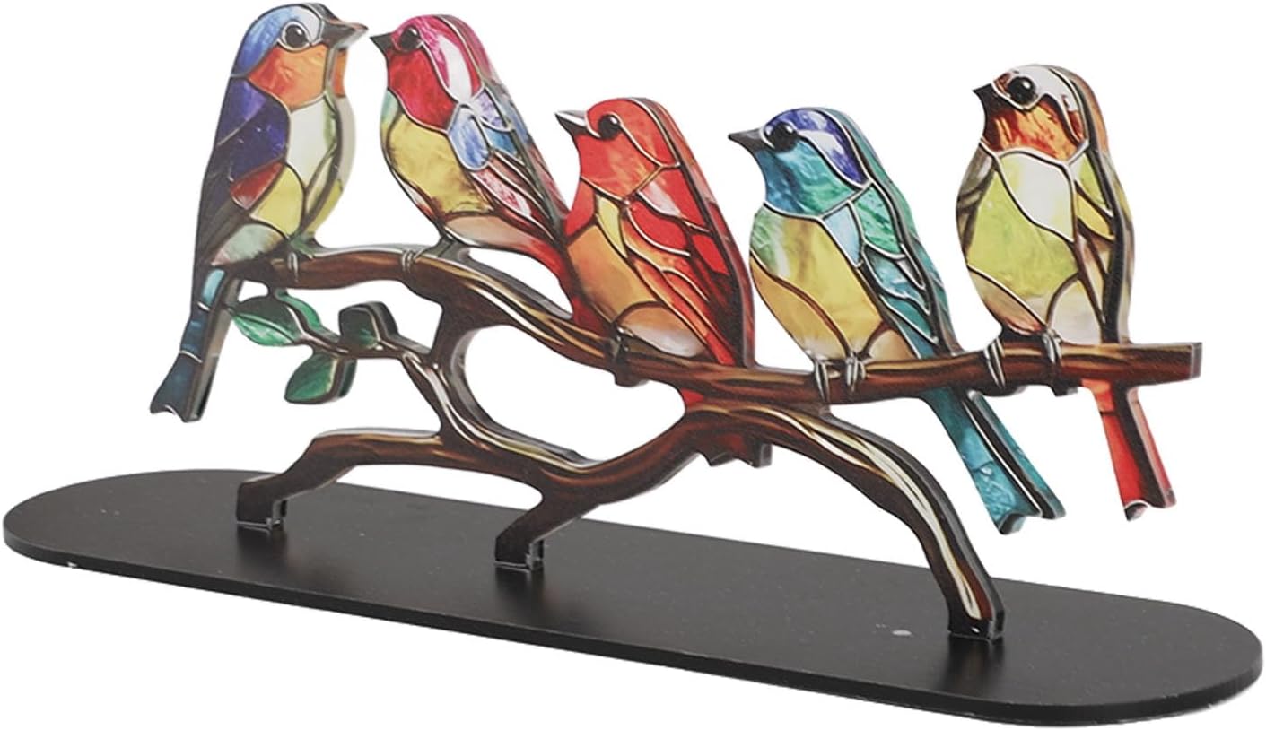 TOPINCN Bird on Branch Craft Stained Glass Birds Decorative Colorful Accessories Statue Flat Animal Acrylic Decorated Creative Ornaments for Wine Organizer, Decoration, Statues (5 Birds)