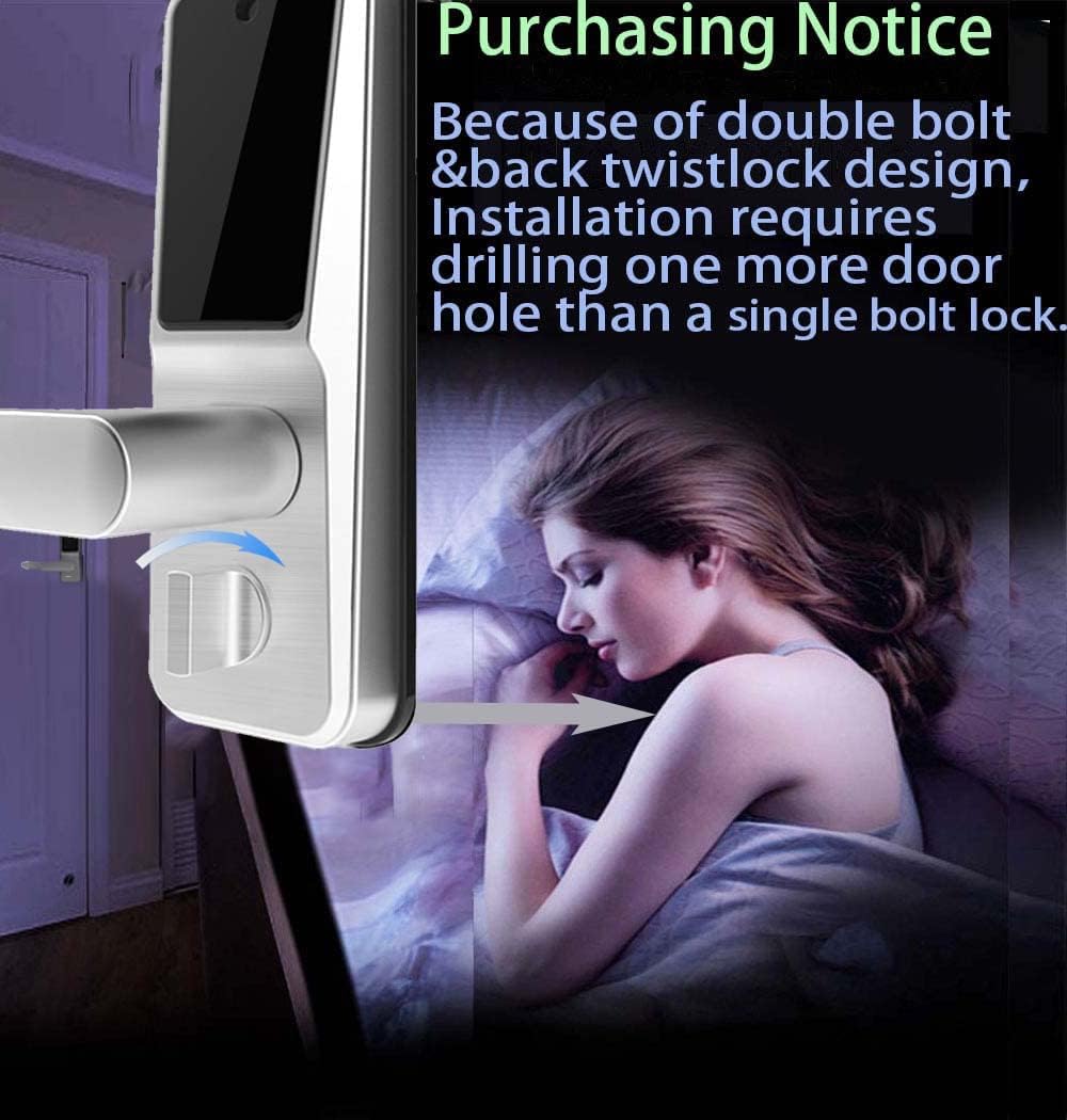 Image showing a 'Purchasing Notice' indicating that due to the double bolt and back twistlock design, installation requires one more door hole than a single bolt lock.