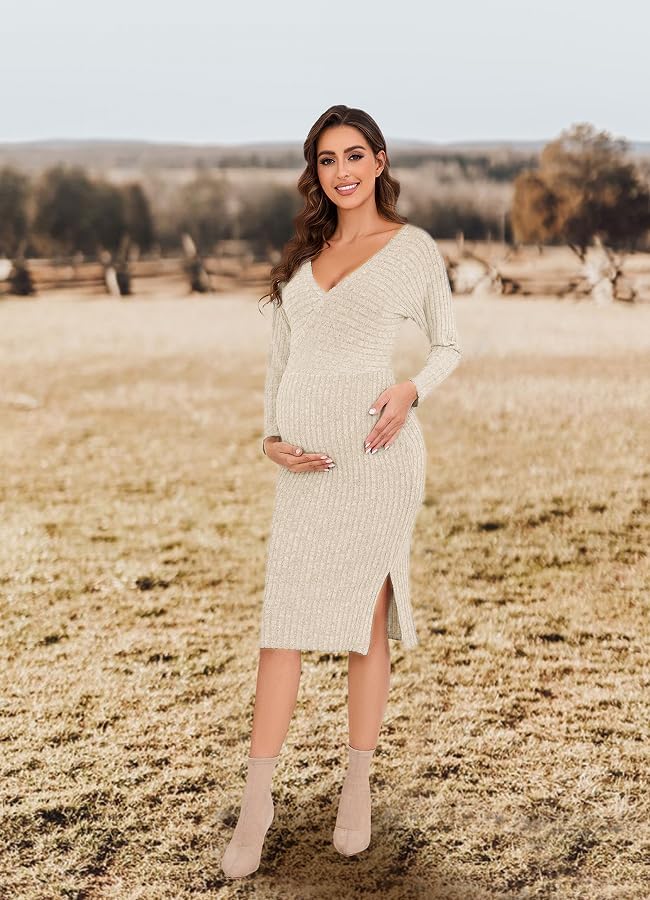Wrap V Neck Maternity Sweater Dress Rib Knit Batwing Open Back Slit Pregnancy Dresses for Baby Shower Maternity Photoshoot Outfits Apricot - Image 3