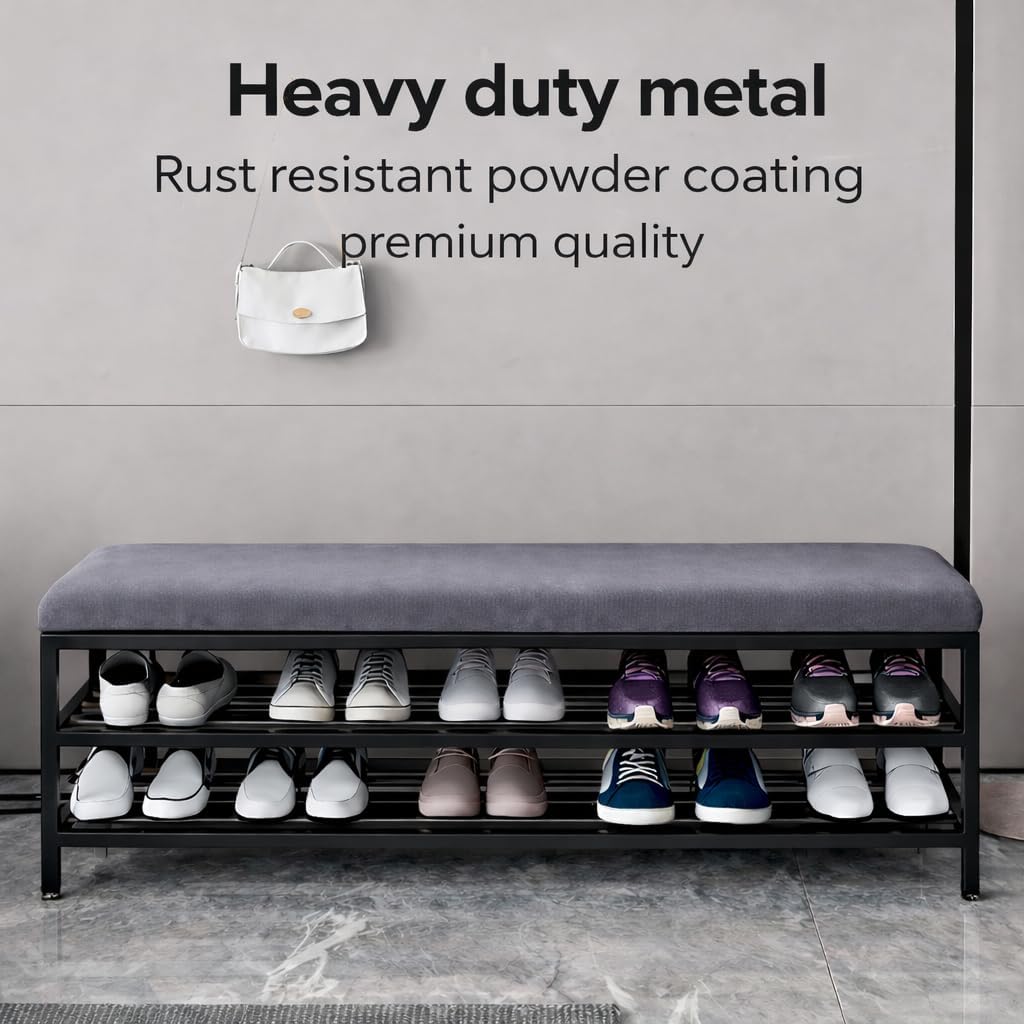 Raza Steel Modern Metal Shoe Rack Bench with Cushion Seat, 2-Tier Entryway Shoe Storage Organizer (76 x 36 x 45 cm) (Grey, Metallic Powder Coating) (Grey) 2