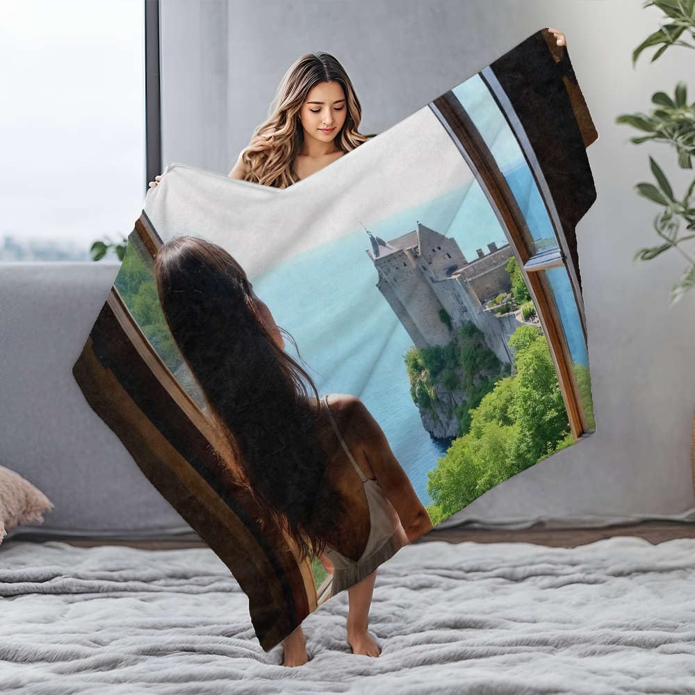 Couverture maman en flanelle jaune au motif château et mer haut de gamme