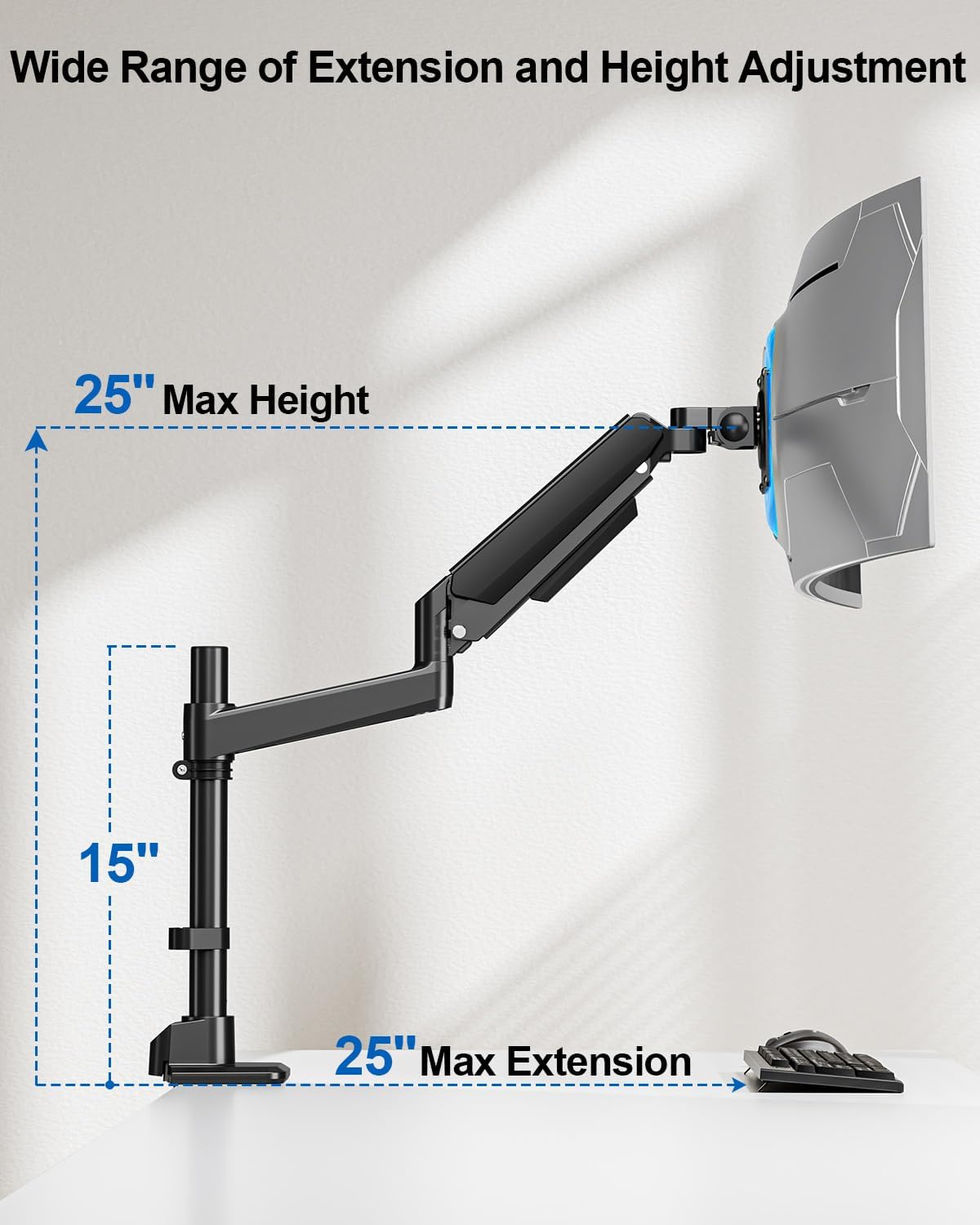 Heavy Duty Single Monitor Mount for Max 49 inch, Hold 4.4 to 44 lbs Ultrawide Screens, Premium Monitor Arm for Samsung Odyssey G9 and More, Adjustable Gas Spring Desk Stand, VESA Mount