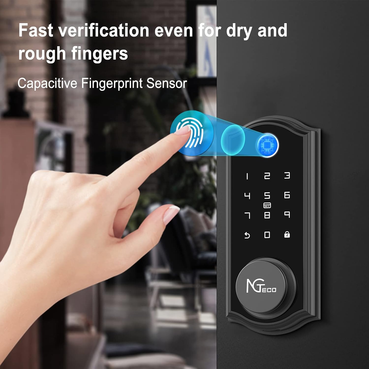 A finger touching the fingerprint sensor on the NGTeco D2310 lock, with blue light animations indicating scanning.