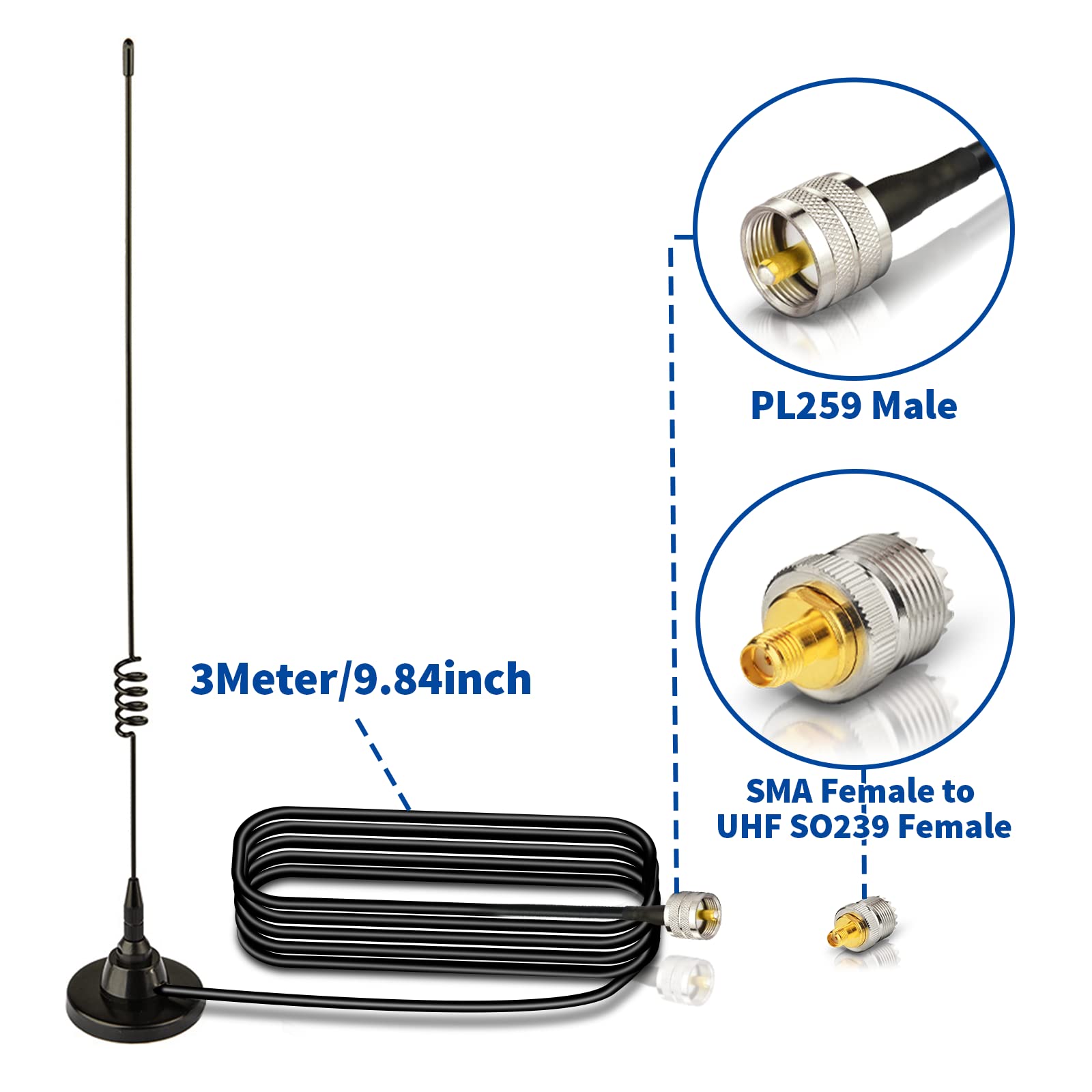 Bingfu Antenna VHF UHF Veicolare Bibanda 144Mhz 430Mhz Base Magnetica Maschio PL259 per BTECH ICOM Midland TYT AnyTone Radio Amatorial