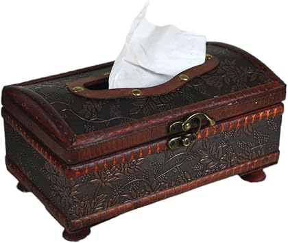 Creative Retro Tissue Box Cover, 8.3L x 4.7W x 4.3H Exquisite Vintage Style Wooden Fabric, Tissue Dispenser Box Holder for Dresser Bathroom, Night Stands, Office, Home Style-1