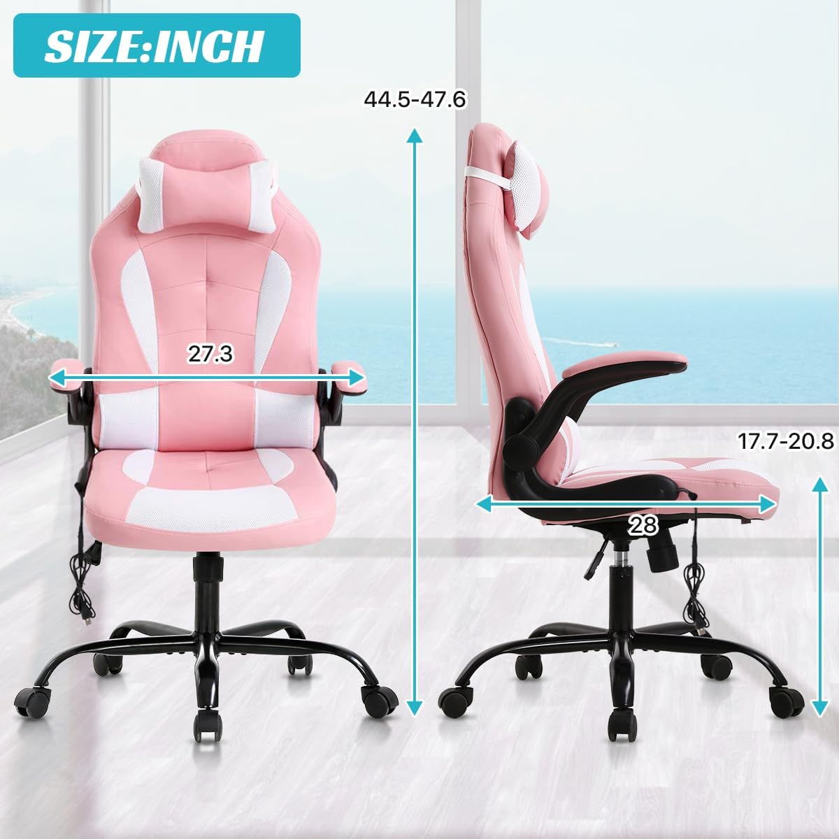 Dkeli Massage Gaming Chair Ergonomic Office Chair High Back Desk Chair PU Leather Executive Chair with Lumbar Support Headrest Armrest PC Racing Computer Chair Task Rolling Swivel Chair,Pink