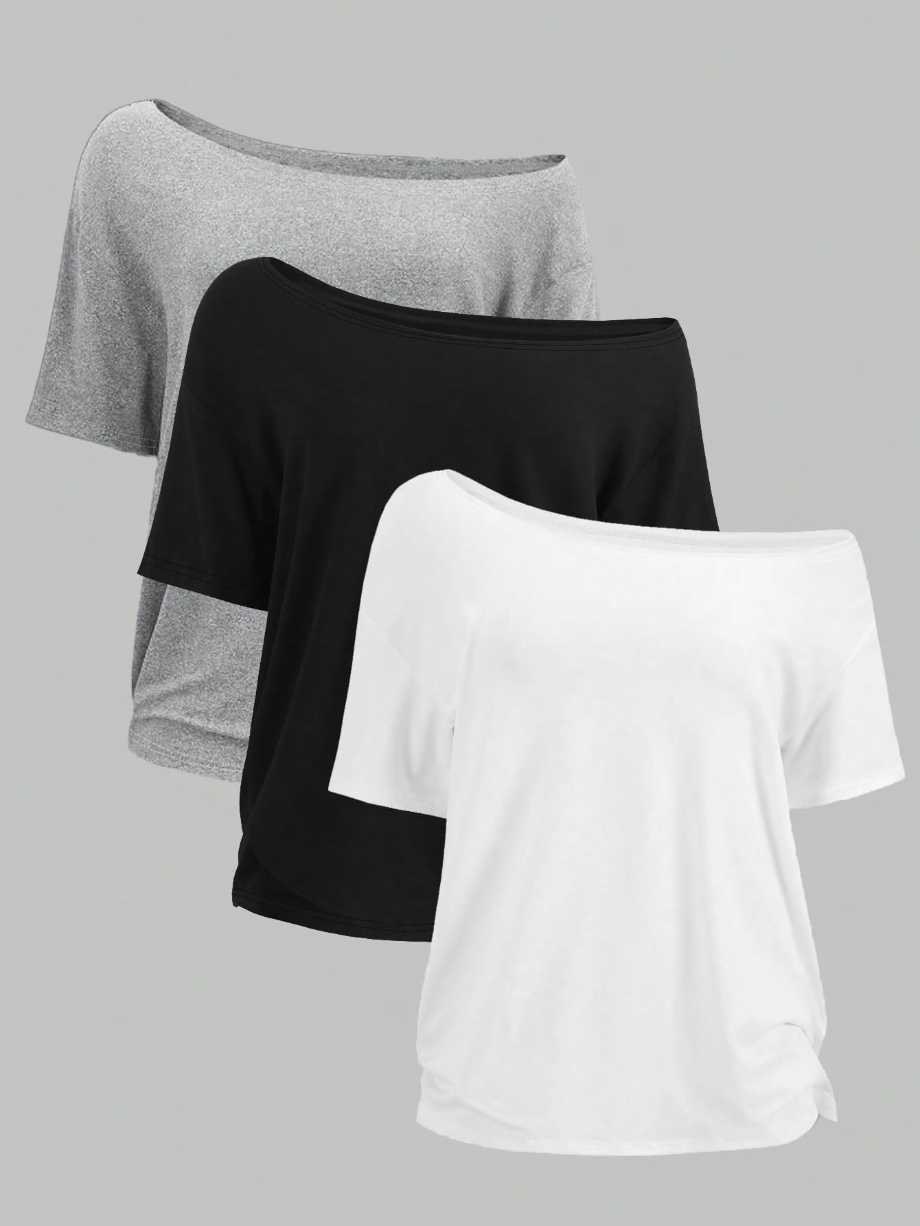 Paquete de 3 camisetas para mujer, con hombros descubiertos, holgadas, holgadas, de manga corta, casuales, de verano, atlético, para entrenamiento