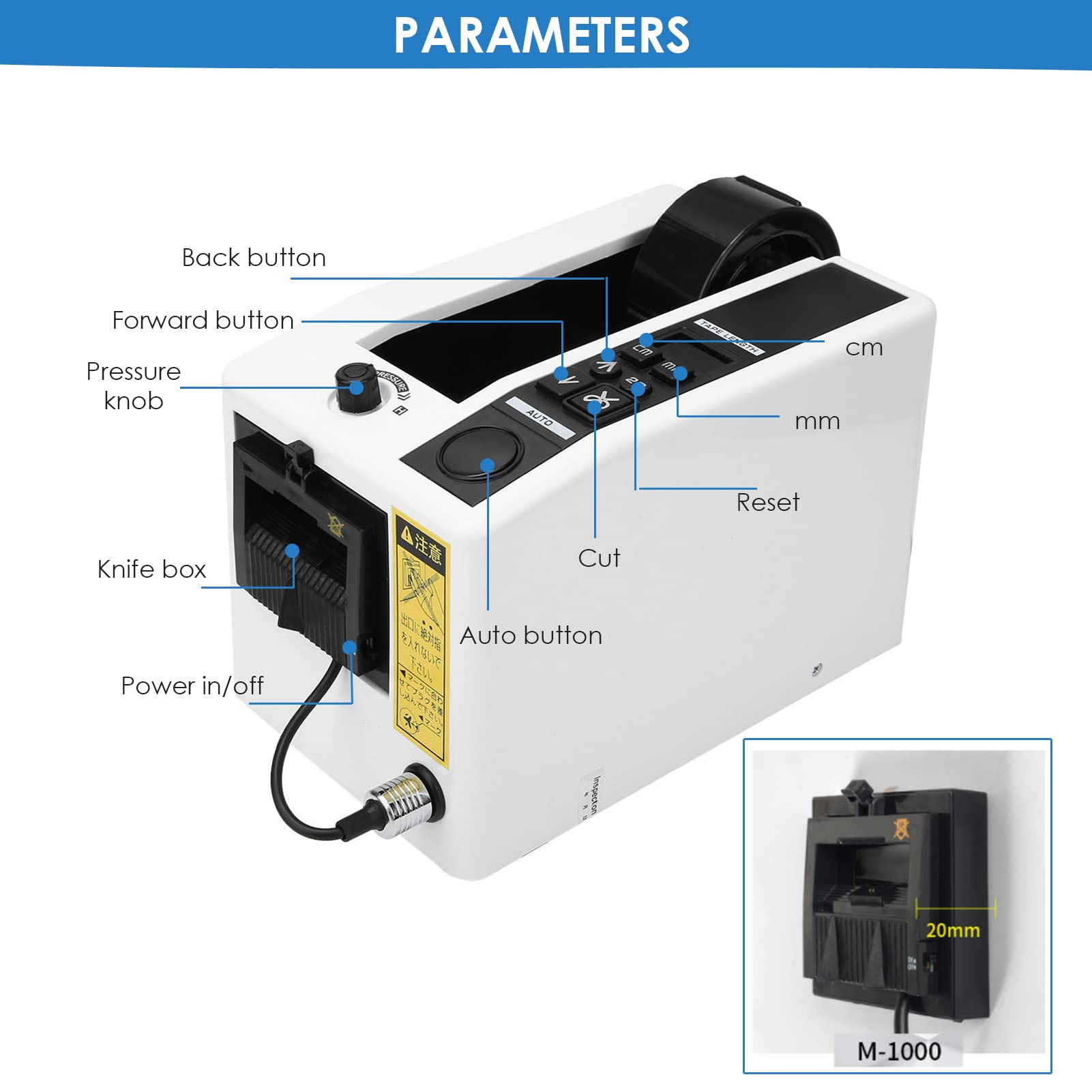 Manueller/automatischer Klebebandspender, 20-999 Mm Schnittlänge, 8-50 Mm Bandbreite, Elektrische Klebebandschneidemaschine, Verpackungsbandspender für Verschiedene Klebebänder(EU Plug)