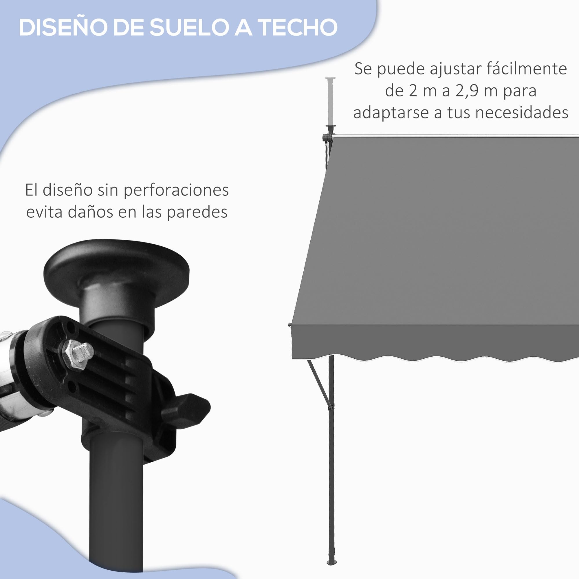 Outsunny Toldo Manual Retráctil Toldo para Balcón con Altura Ajustable Manivela y Protección Solar para Terraza Jardín Gris