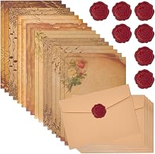 Vintage Letter Paper Set, Includes 16 Kraft Papers with Retro A5 Flower Patterns for Writing, 16 Vintage Envelopes and 16 Wax Seal Stickers for Invitations Weddings Birthdays