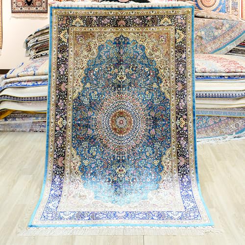 Yuchen Carpet Oriental Silk Rug 4x6 Blue Hand Knotted Medallion Vintage Silk Rug for Living Room