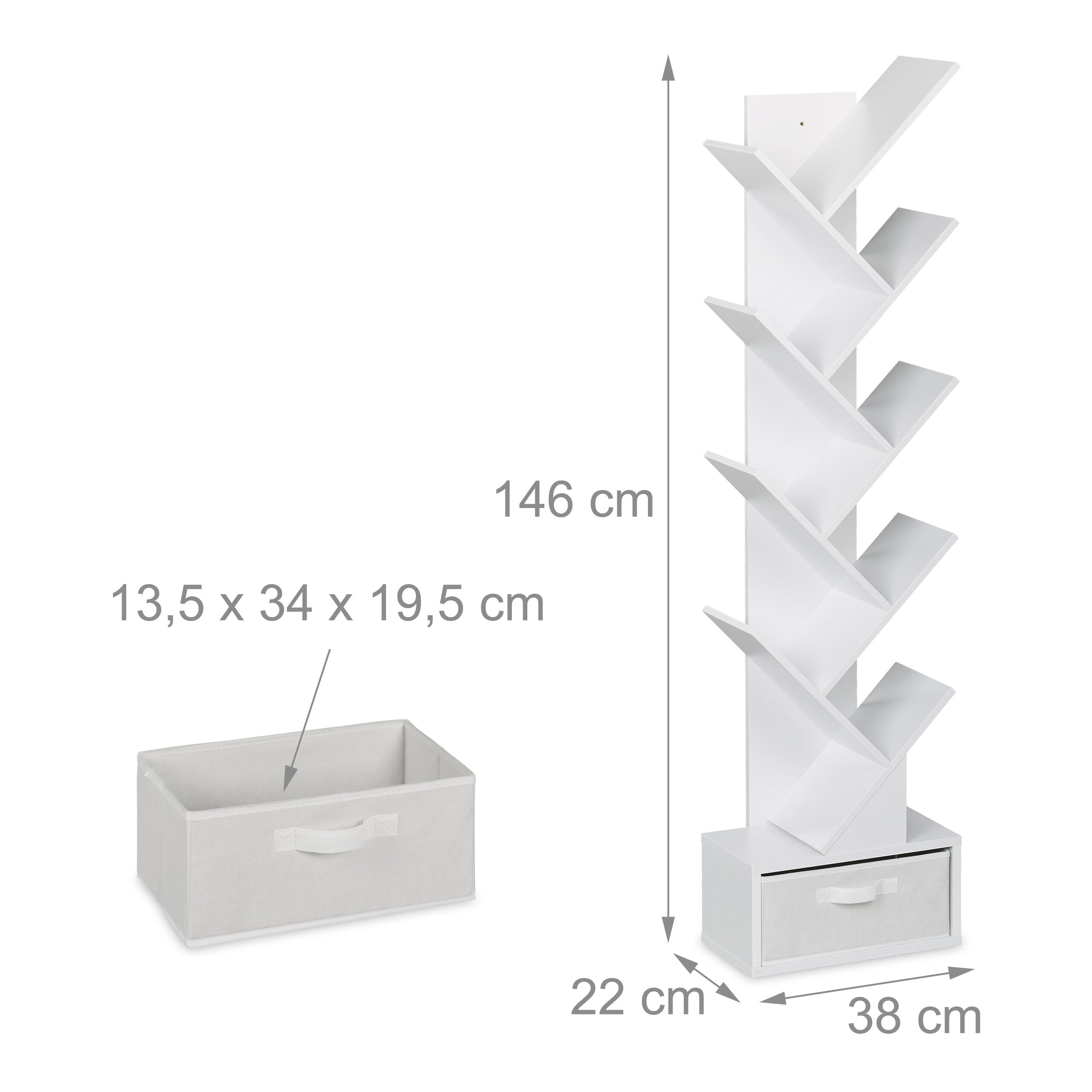 Relaxdays Estantería Libros, 9 Estantes, Librería Árbol, 146 x 38 x 22 cm, para CDs y DVDs, con Cajón, Salón, Blanco