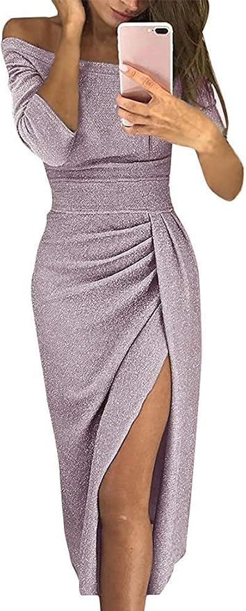 Onsoyours Robe Soirée Femme Brillante - Longue Avec Col V Et Fente - Manches Courtes - Polyester