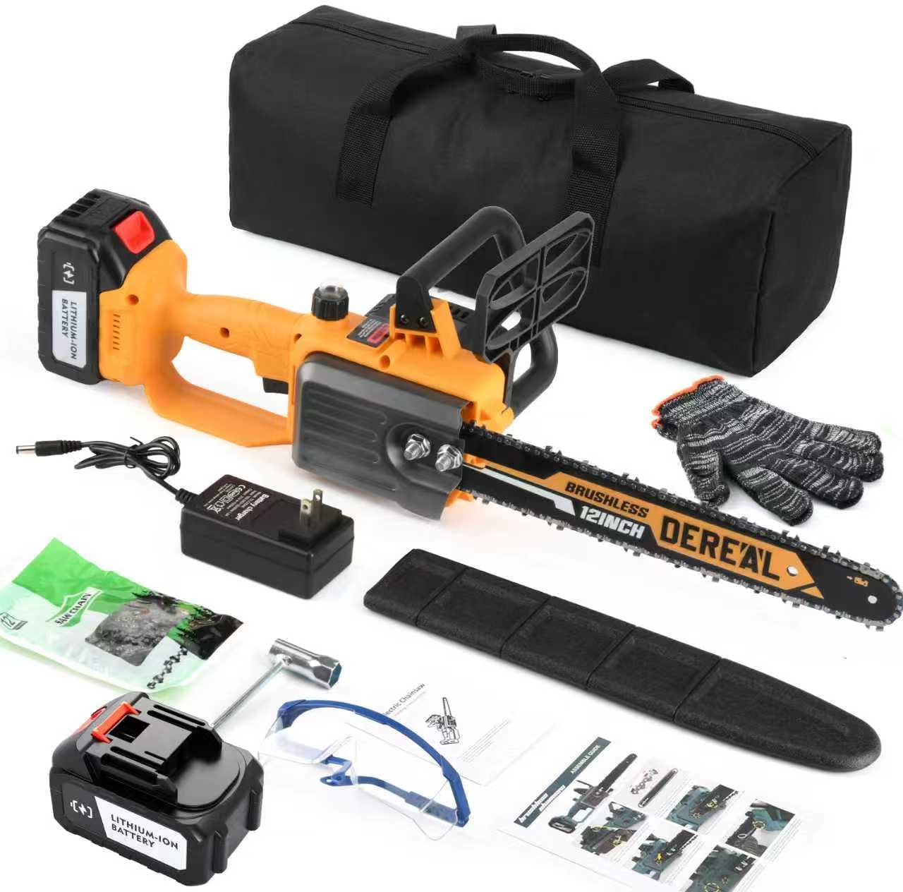 Electric Brushless Chainsaw Cordless, 12" Electric Chain Saw, 20V Battery Power Chain Saw for Tree Trimming and Branch Wood Cutting with 2 * 4.0Ah Battery and Charger
