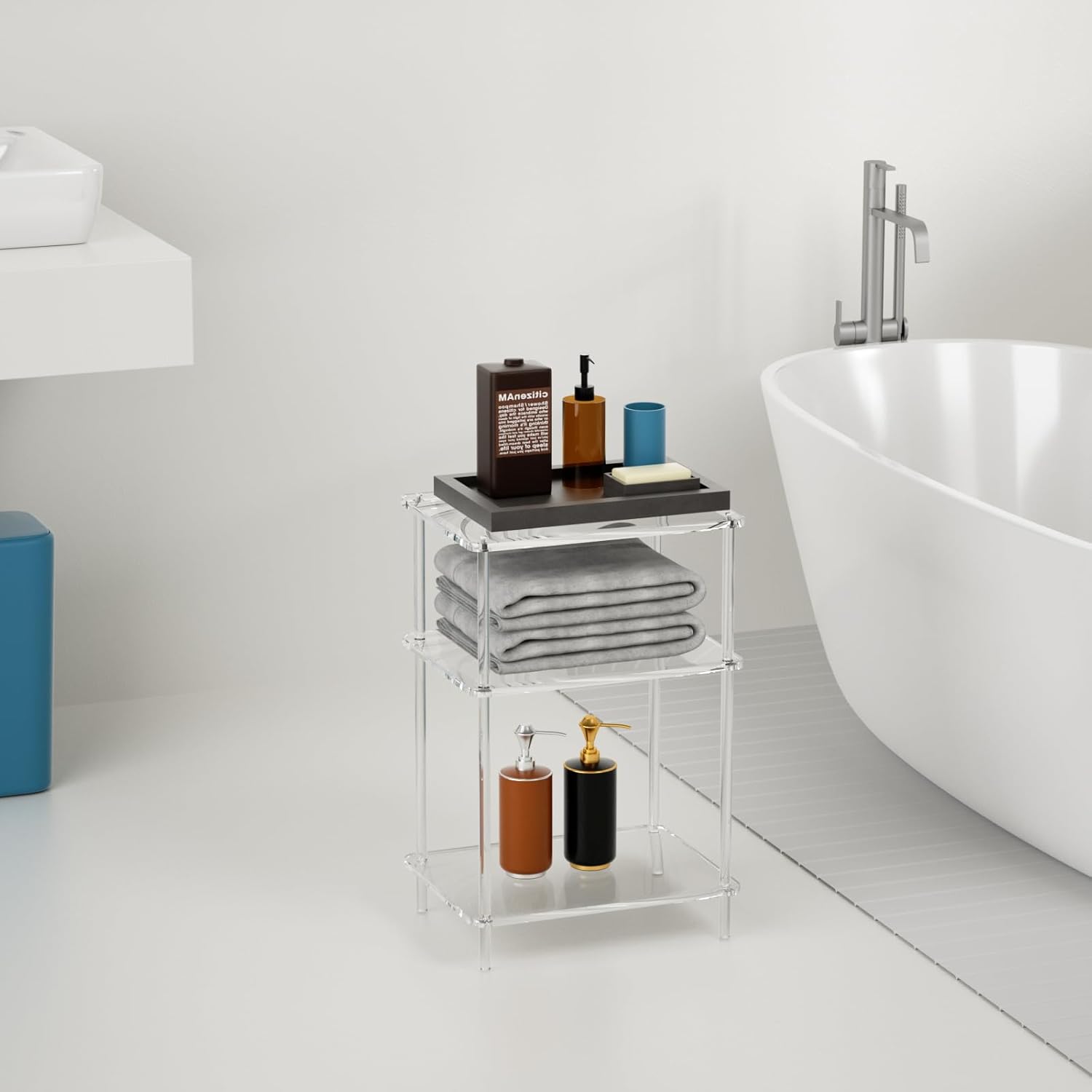 Acrylic Side Tables with 3 Shelve,Bedside Table Clear Nightstand for Bedroom Modern End Table for Living Room, Sofa Table, Side Table 15.7" L x11.8 Wx 23.6" H