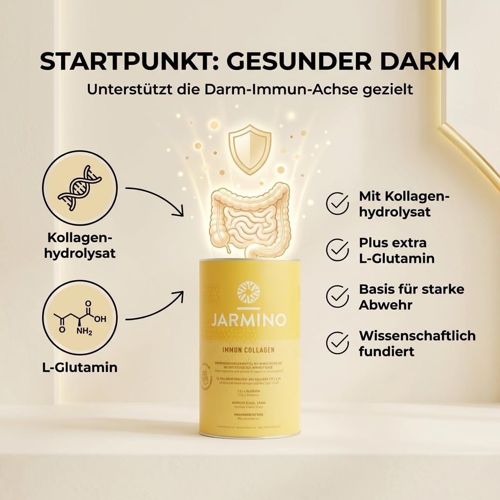 JARMINO Immun Collagen | Kollagen Hydrolysat mit L-Glutamin - Immunsystem stärken | Vitamin C, D, Selen, Zink, Ingwer, Holunder, Vitalpilze | 450g Immun Boost Glutamin Pulver