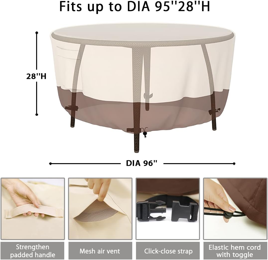 Tuyeho Patio Table Cover, Heavy Duty Round (96D x 28H Inch), Outdoor Dining & Coffee Table Cover, Waterproof, Weather Resistant, Anti UV - Beige & Brown