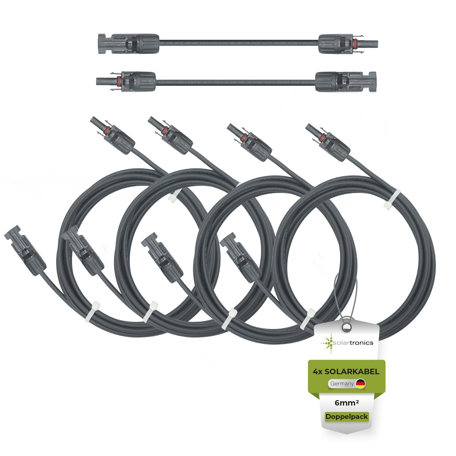 solartronics Solarkabel Doppelpack 4x 10 Meter 6mm² H1Z2Z2-K Schwarz & Schwarz Solarstecker beidseitig - Verlängerungskabel 6qmm - Made in Germany - inkl. 0% MwSt. gem. § 12 Abs. 3 UStG (4x 10m) | PV Kabel Verlängerung für Solarpanel, H1Z2Z2-K, UV-Beständ