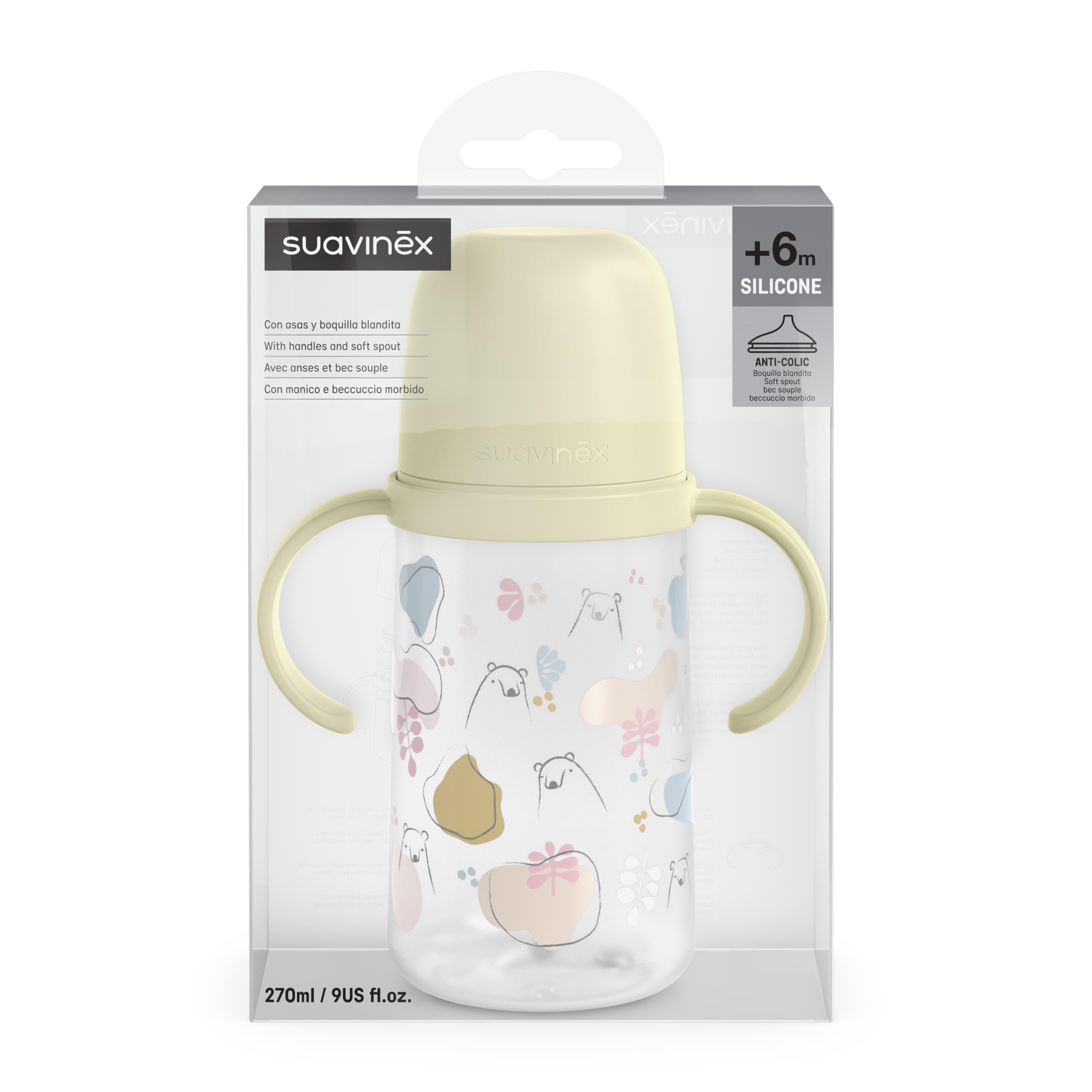 Suavinex, Biberon con manici e beccuccio in silicone, anti-coliche, tappo protettivo, bicchiere antigoccia, 270 ml, per bambini +6 mesi, lavabile in lavastoviglie, My Family Verde