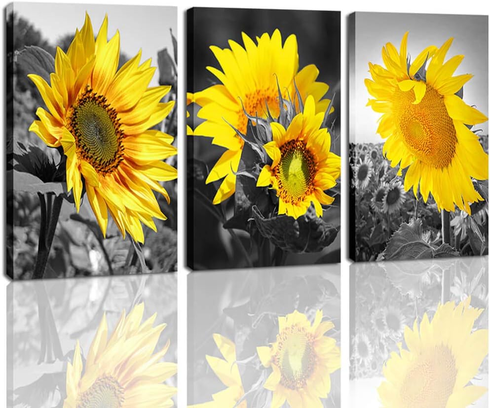 DVQ ART Pictures for Bathroom Sunflower kitchen Decor Flower Pictures on Canvas Contemporary Art for Living Room Stretched Painting Ready to Hang for Home Decorations 12X16inchx3Pcs