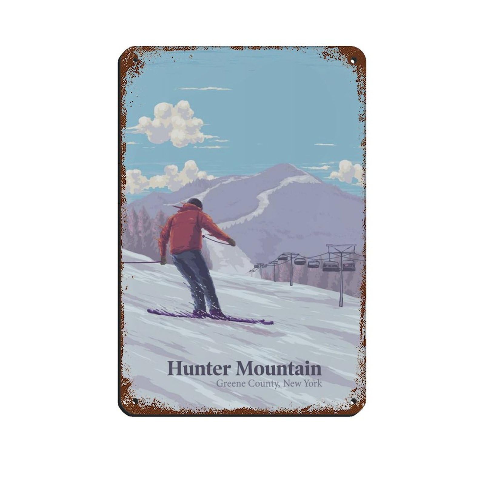 Plaque métallique Hunter Mountain rétro avec angles pré-percés 20x30