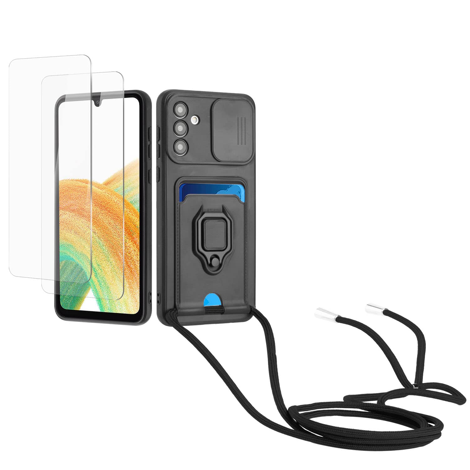 Kaslly Funda con Cuerda para Samsung Galaxy A35+[2 Pack Protector Pantalla],Case con Ranura para Tarjetas,Cubierta de Cámara Deslizante Proteger,Doble Cara Protección-Negro — view 58